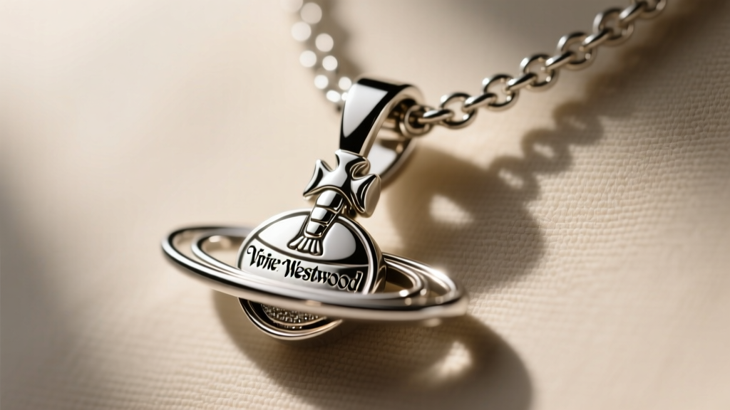 Extreme macro shot of a genuine Vivienne Westwood necklace lobster clasp showing the precise laser-engraved Orb logo tag