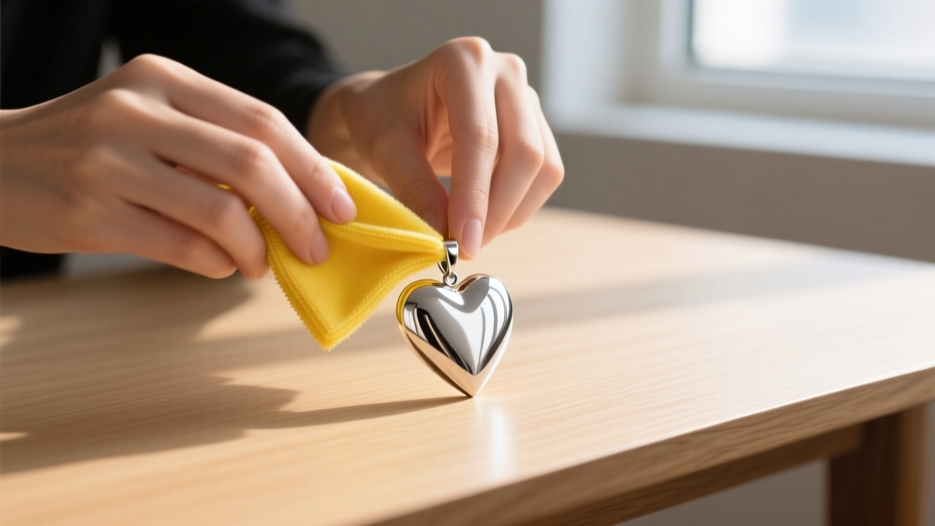Hands gently buffing the curved edges of a silver heart pendant with a yellow microfiber polishing cloth on a clean wooden desk.