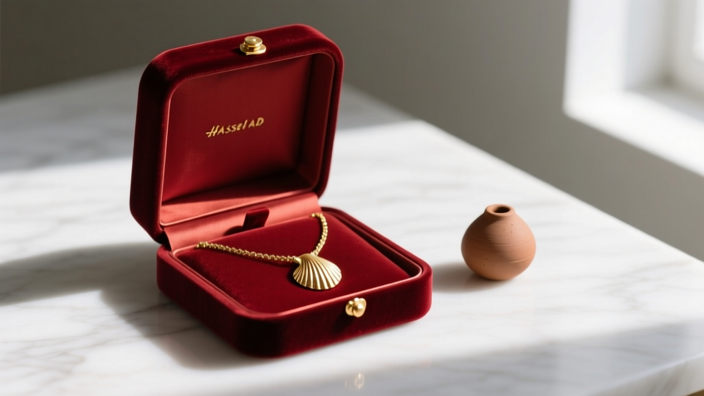 Open velvet jewelry box holding a gold seashell necklace, stored away from direct sunlight alongside a small humidifying clay bead