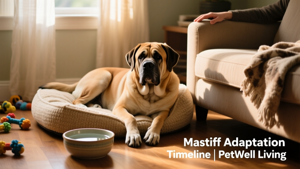 A calm, gentle Mastiff sitting beside a cozy corner of a living room with a soft bed and water bowl