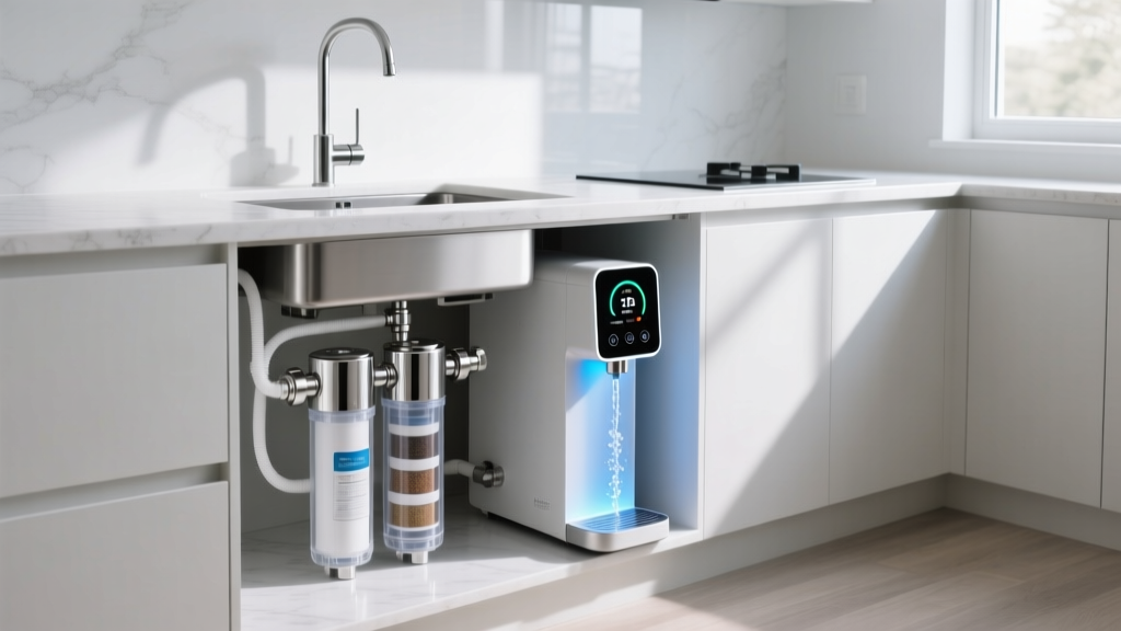 Under-sink multi-stage water filtration and mineralization system connected to sleek countertop smart water dispenser touch panel.