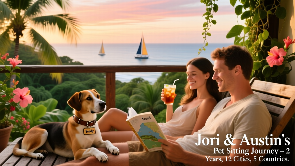 Jori and Austin relaxing on a tropical balcony with a friendly dog resting beside them, lush greenery and ocean view in the background