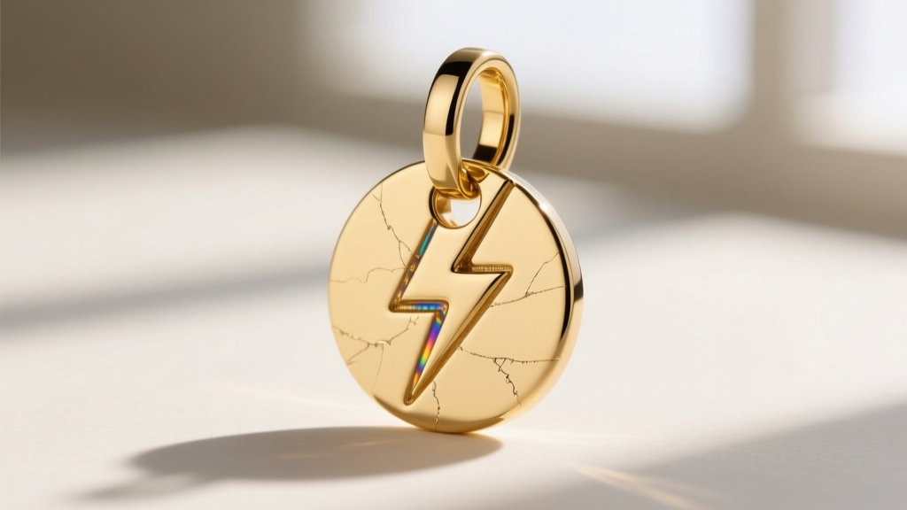Macro view of a gold lightning bolt pendant bail, revealing a laser-welded joint connecting the loop to the flat back of the piece.