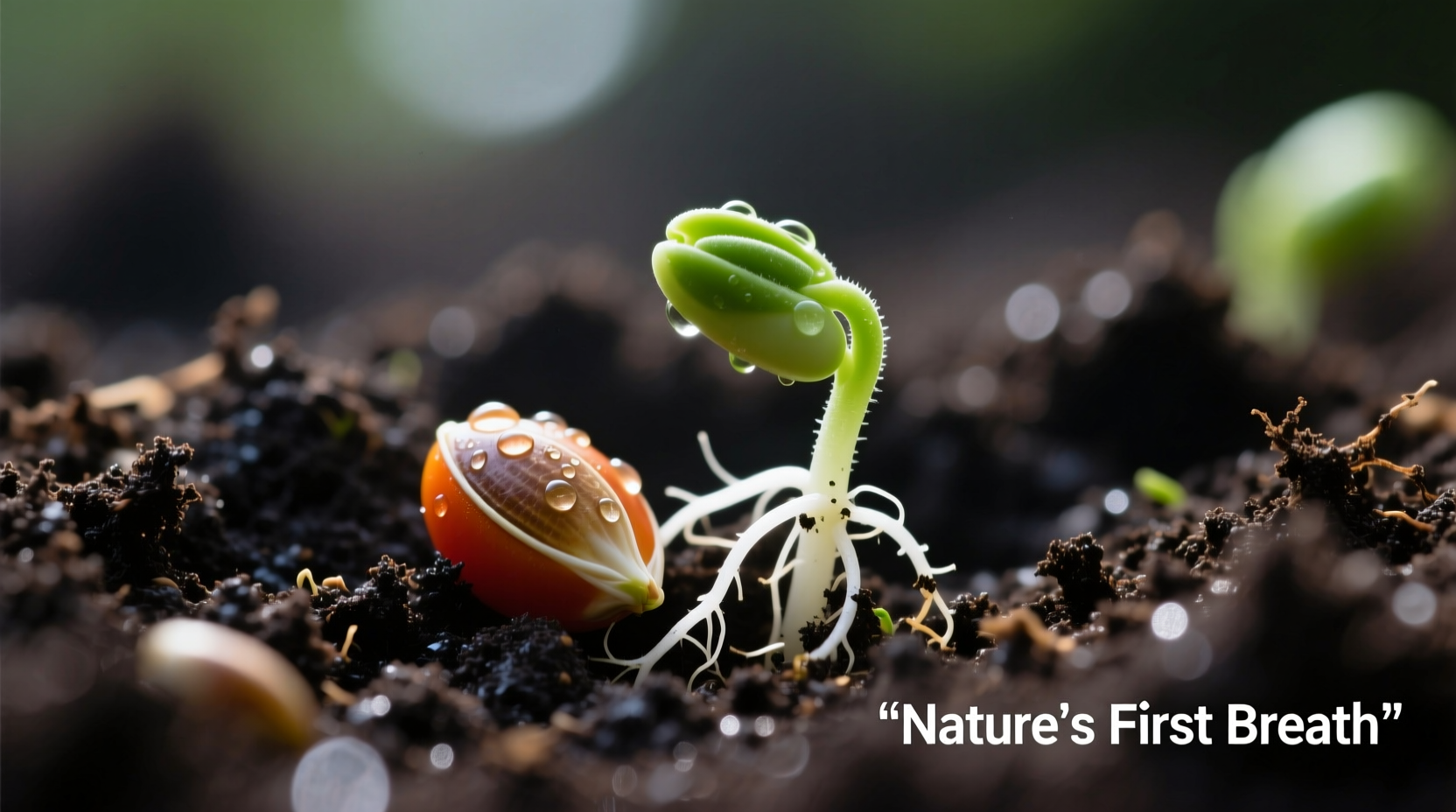 Close-up of tomato seeds on soil with sprouting seedlings
