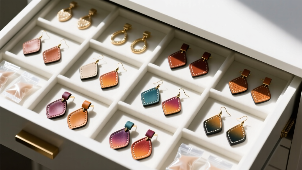 Top-down view of a neat jewelry drawer displaying various faux leather drop earrings stored flat alongside small silica gel packets.