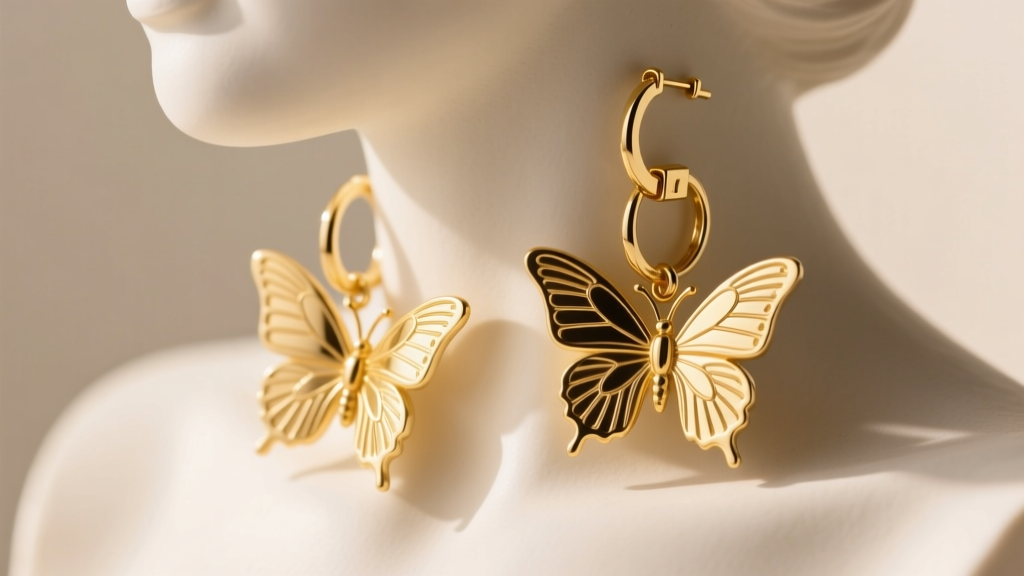 Gold vermeil butterfly huggie hoops on a bust, showing the secure hinged clasp and lightweight charm drape in bright natural light