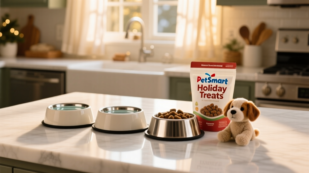 A cozy setup with ceramic and stainless-steel pet bowls, a small bag of treats, and a bowl of fresh water on a clean kitchen counter