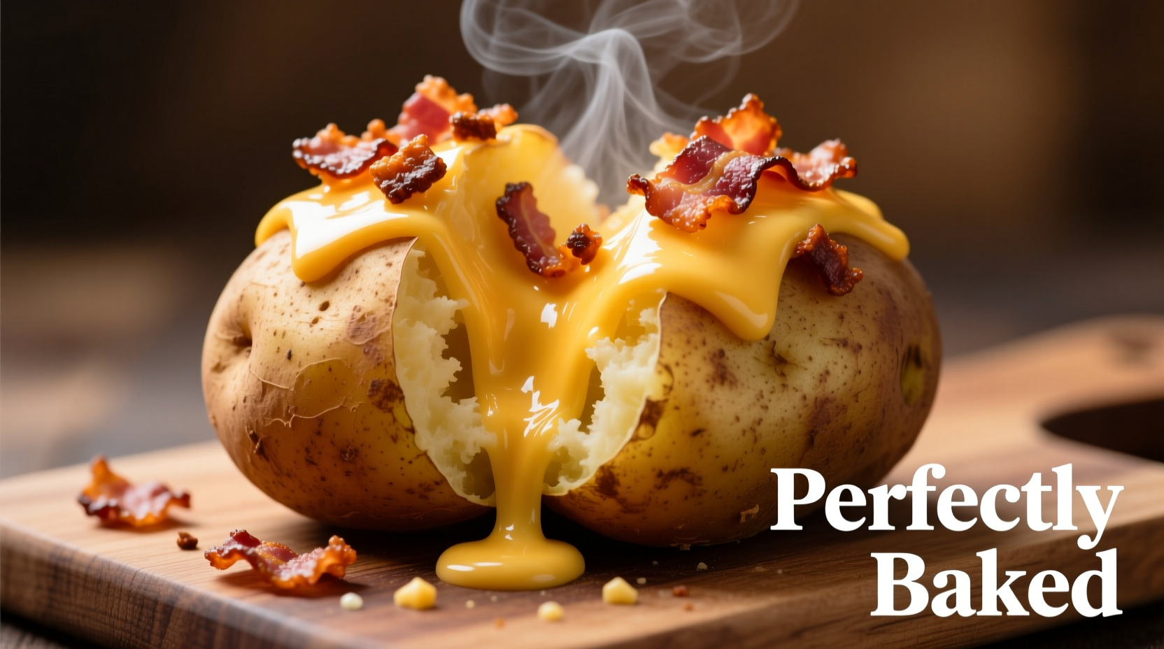 Perfectly baked potato with melted cheese and bacon toppings