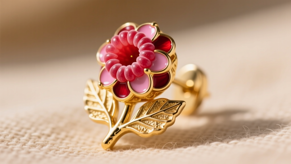 Macro shot of a botanical raspberry earring motif featuring vivid pink and red champlevé enamel on a textured 14k yellow gold base