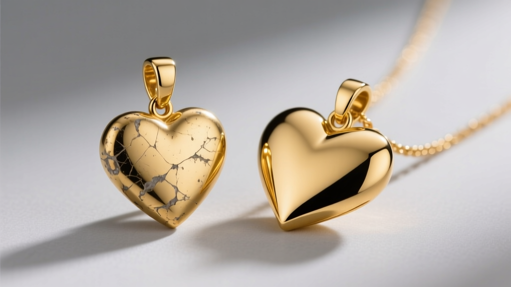 Macro comparison of a faded electroplated gold heart pendant next to a vibrant PVD-coated gold stainless steel heart necklace.