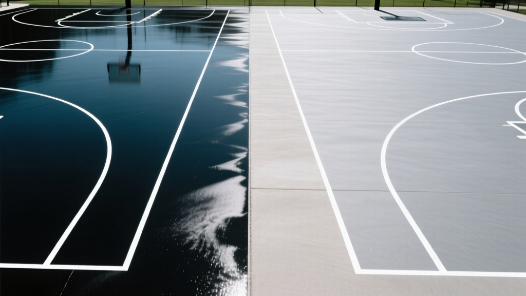 Black asphalt basketball court adjacent to a smooth gray concrete court, both featuring crisp white boundary lines under bright outdoor sunlight.