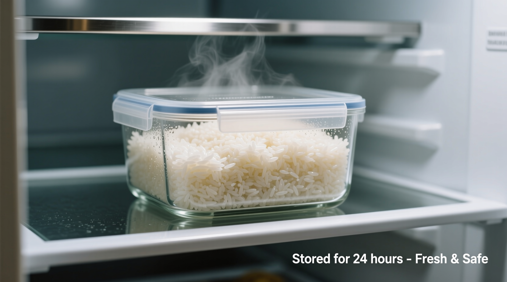 Cooked rice stored in airtight container in refrigerator