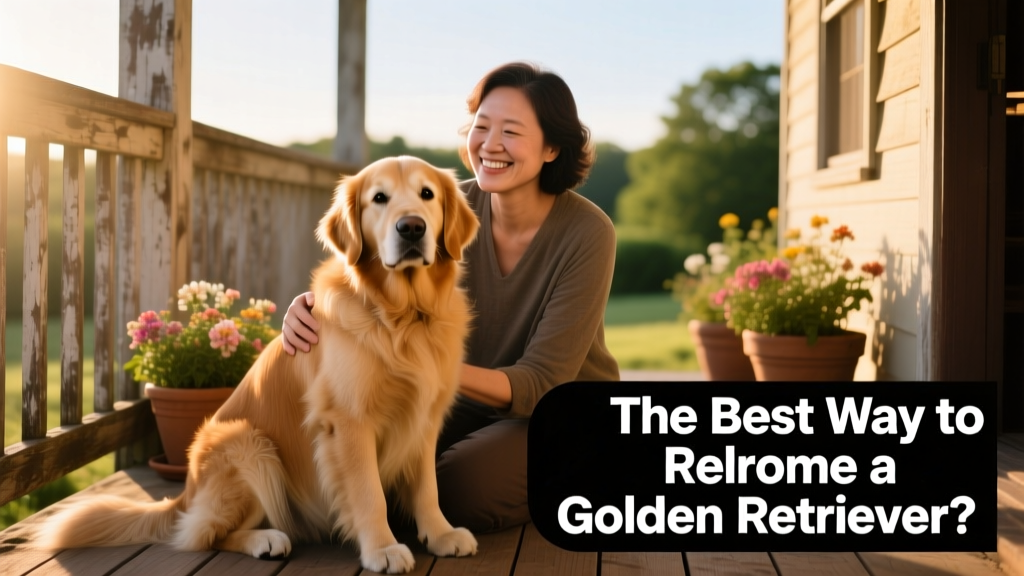 Golden Retriever sitting calmly beside a smiling adult on a sunlit porch