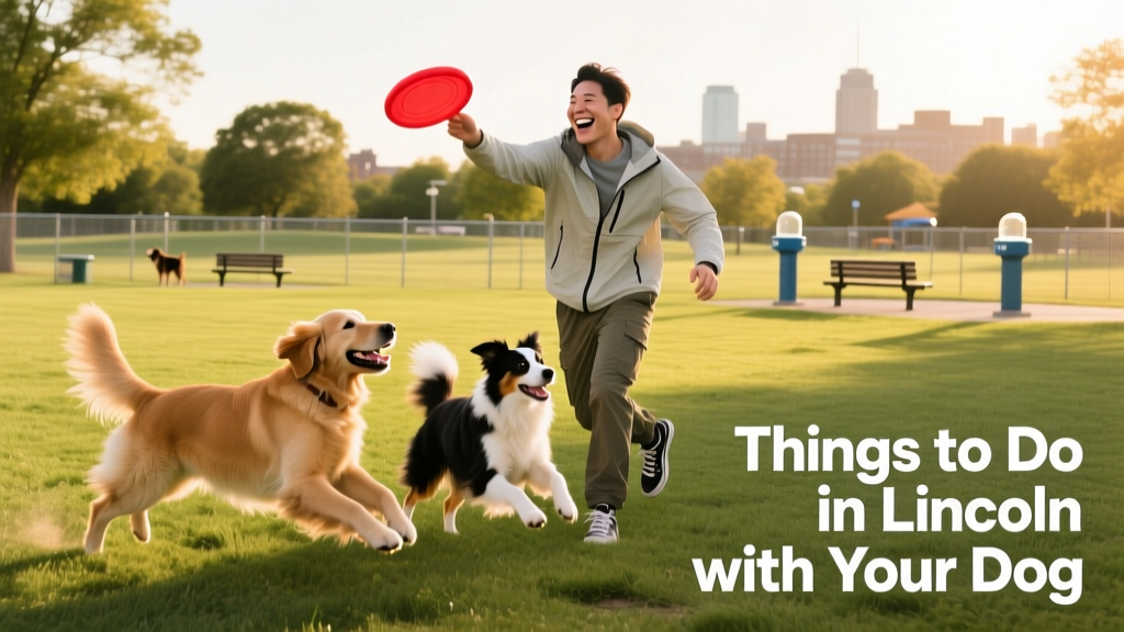 A pet parent and two dogs playing frisbee in a spacious, fenced dog park in Lincoln.