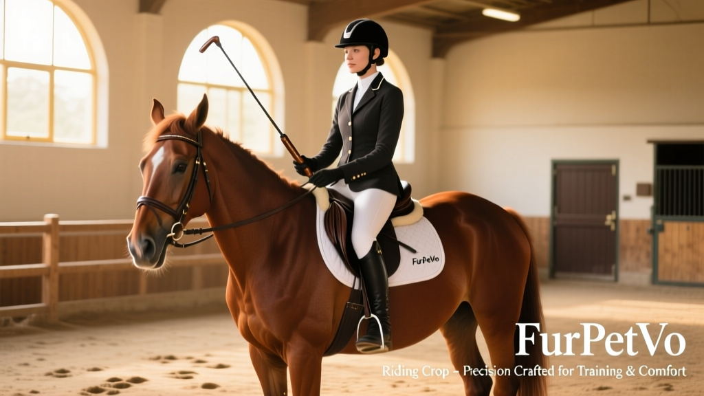 Rider holding a FurPetVo riding crop while seated on a calm horse in an arena
