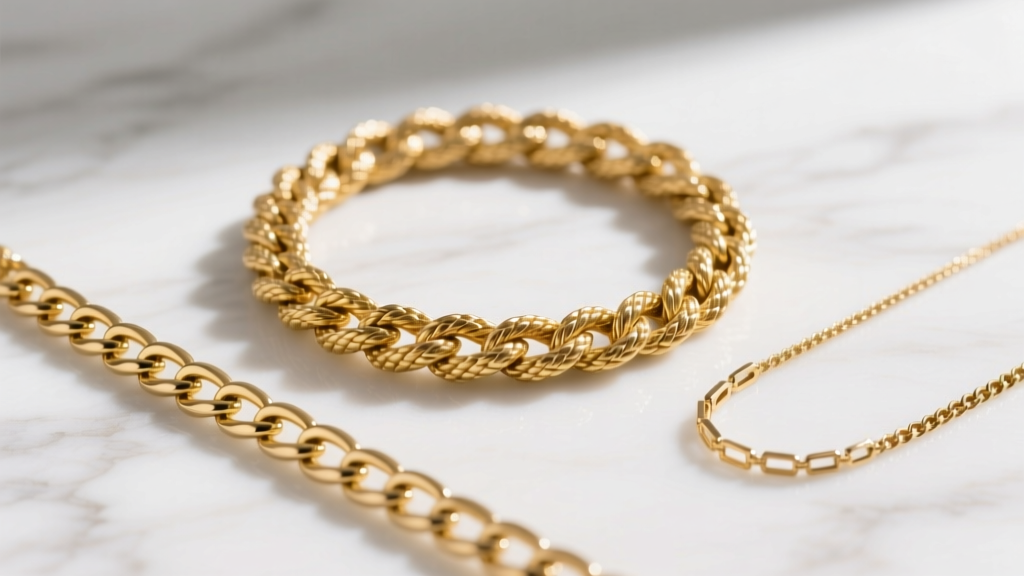 Three gold chains laid on white marble: a thick rope chain, a medium curb chain, and a thin box chain, showing link differences.