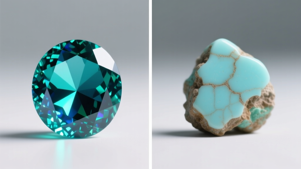 Side-by-side macro comparison showing the glassy luster of gem silica chrysocolla next to the matte finish of natural turquoise