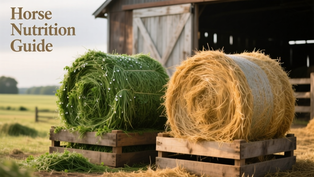 Side-by-side comparison of lush green alfalfa hay and golden timothy hay in separate bales