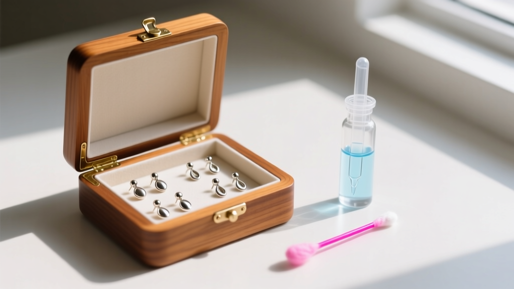 Open wooden jewelry box showing earring posts next to a liquid nickel testing kit and a pink cotton swab in soft daylight.