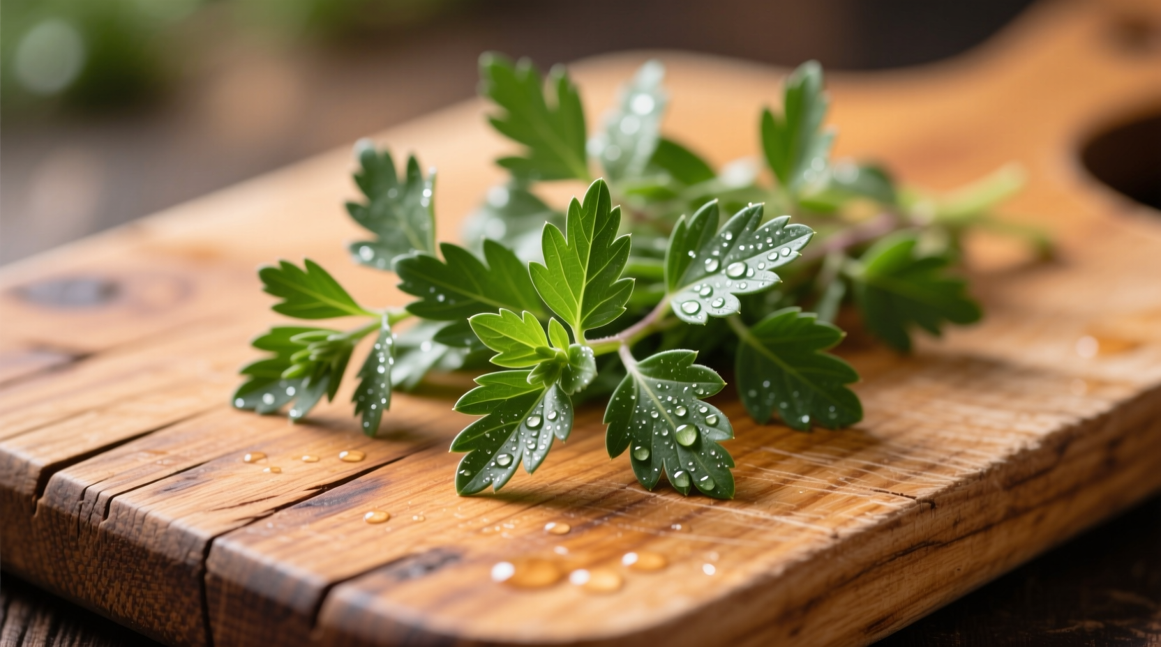 Fresh French tarragon leaves on wooden cutting board