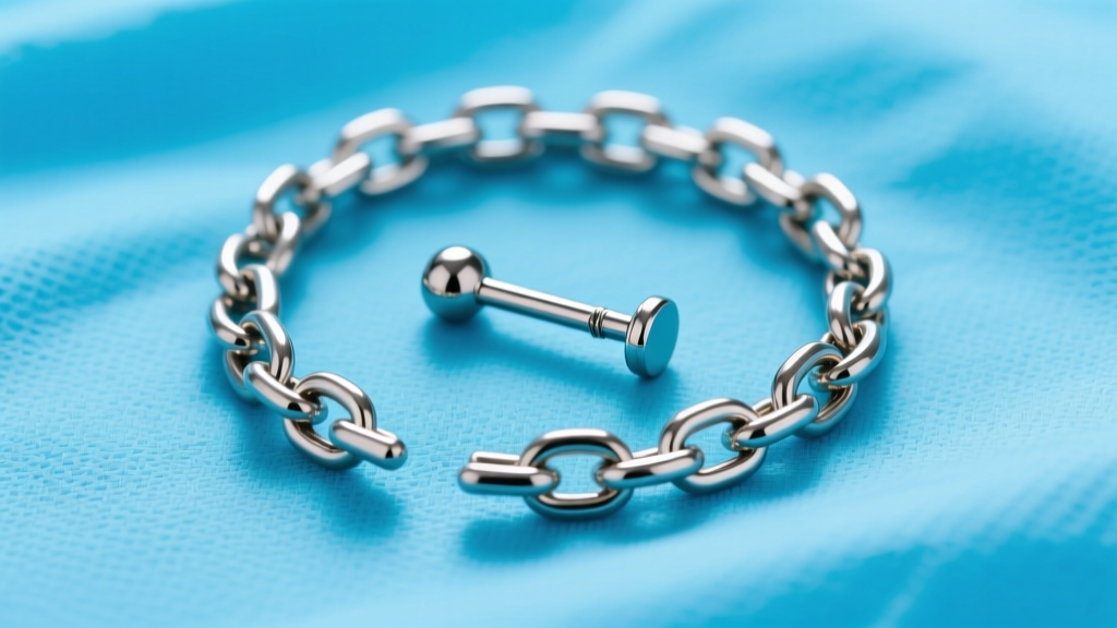 Flat-lay of an implant-grade titanium pelvic body chain with a 14-gauge Christina piercing barbell on a sterile blue medical drape