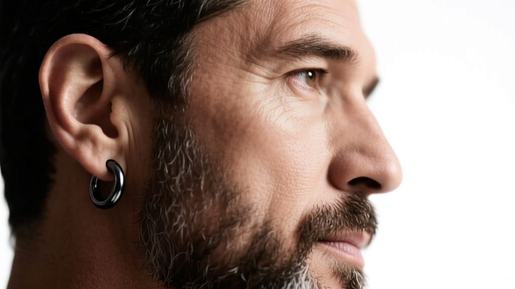 Close-up profile of a bearded man wearing a minimalist 10mm matte black titanium huggie hoop in his left earlobe, studio lighting