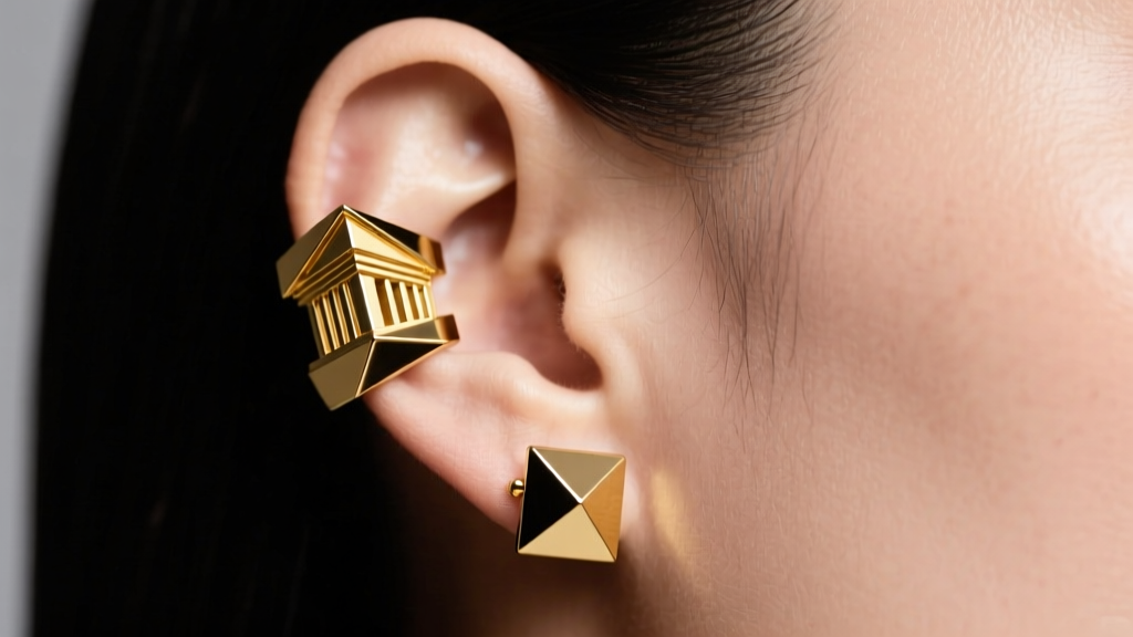 Close-up of an ear wearing an architectural 14k gold ear cuff and asymmetrical geometric stud, studio lighting, side profile.