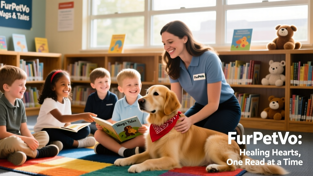 A FurPetVo volunteer and their certified therapy dog greeting children during a Wags & Tales reading session at an elementary school library