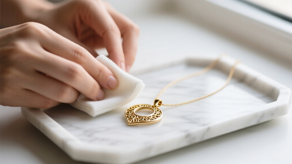 Hands using a microfiber cloth to clean a tarnished gold vermeil sterling silver pendant necklace resting on a white marble tray.