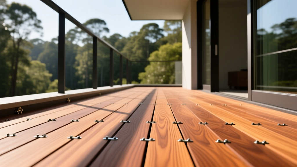 Close-up of dense Ipe wood decking boards being installed with hidden fasteners on a modern exterior balcony overlooking a forest