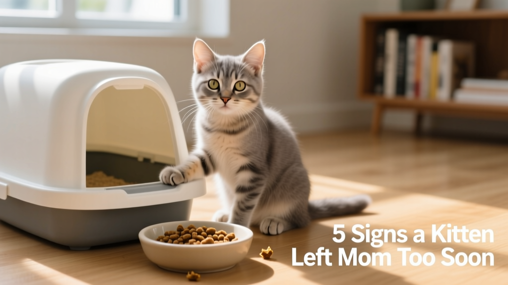 A calm, confident kitten sitting beside a clean litter box and eating from a shallow food dish