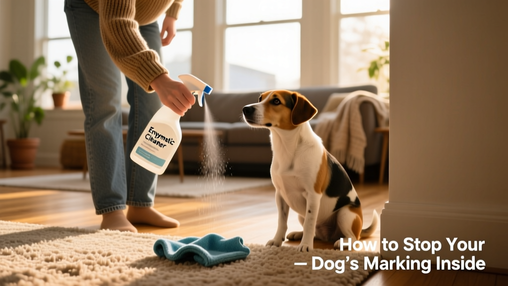 A person holding a spray bottle of enzymatic cleaner while wiping a carpeted corner, with a dog watching nearby