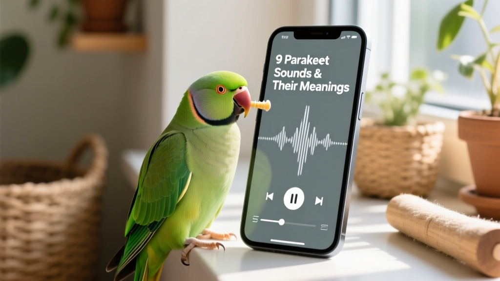 A parakeet perched near a smartphone playing a recorded whistle, head tilted attentively