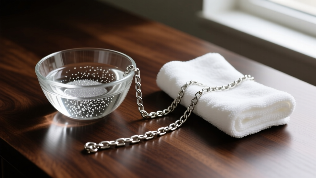 Tarnished 925 sterling silver chain resting beside a glass bowl of liquid silver cleaner and a soft microfiber cloth on dark wood.