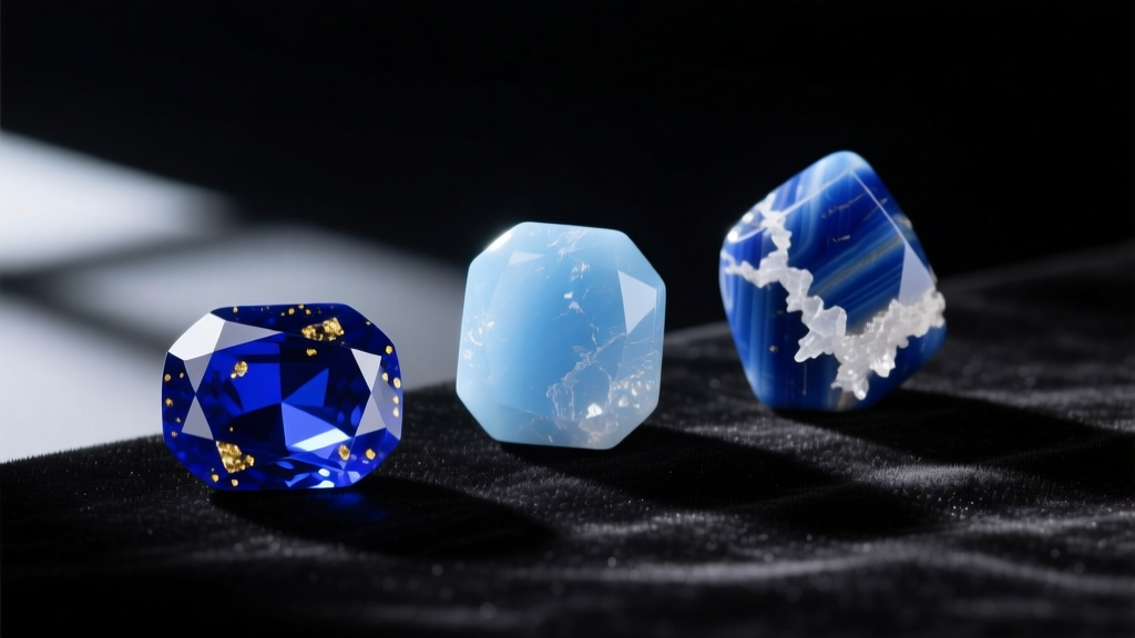 Macro comparison of three lapis lazuli cabochons showing Afghan royal blue, Chilean pale blue, and Russian medium blue on velvet.