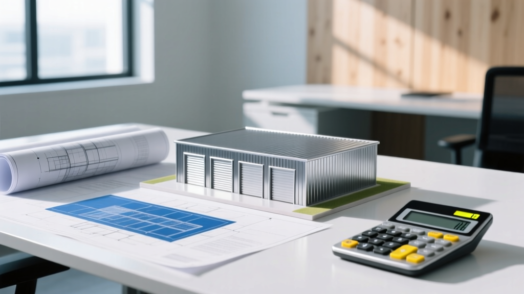 Architectural blueprints and financial calculators spread across a desk next to a scale model of a modern metal self-storage facility