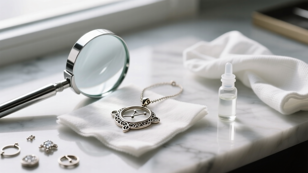 A jeweler workbench showing a loupe, polishing cloth, and a disassembled celestial pendant cleaned with specialized solution.