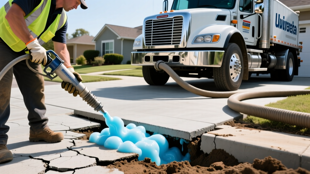 Technician injecting polyurethane foam under a sunken residential concrete driveway slab next to a mudjacking pump truck