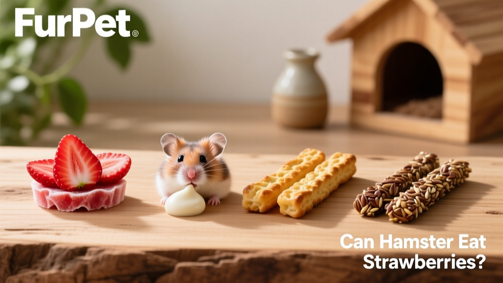 Four different FurPetVo strawberry-flavored hamster treats arranged neatly: freeze-dried slices, yogurt drops, baked sticks, and flax-seed sticks