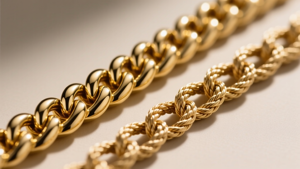 Macro shot comparing a solid 14k gold Cuban link chain and a hollow rope chain, highlighting link density and weight differences.