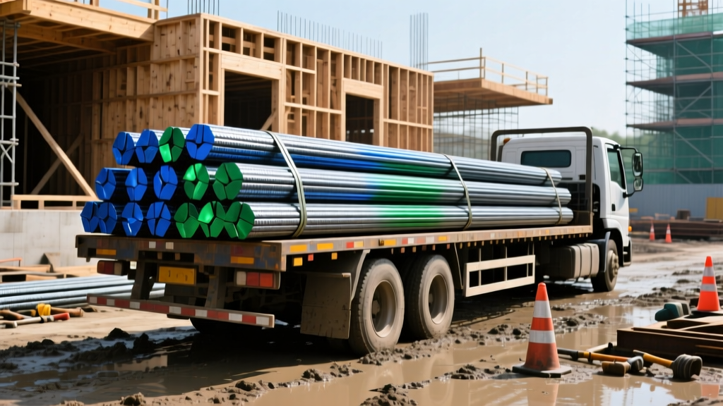 Flatbed truck delivering epoxy-coated steel rebar to a muddy excavation site with wooden foundation formwork visible in the background