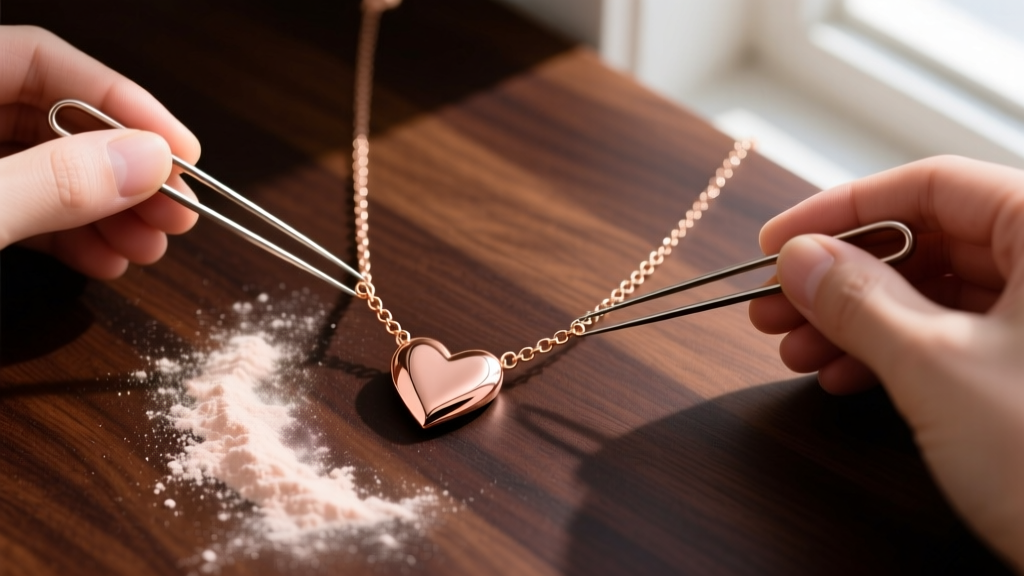 Top view of a tangled rose gold heart necklace detangled with two pins and a dusting of baby powder on a dark wood surface
