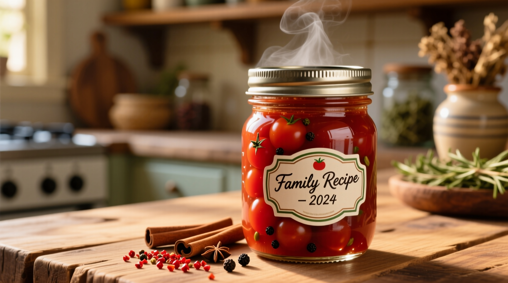 Homemade ketchup in glass bottle with tomatoes and spices