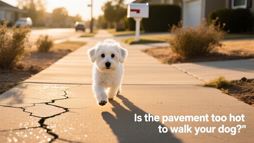 Small white dog walking cautiously on sun-baked pavement