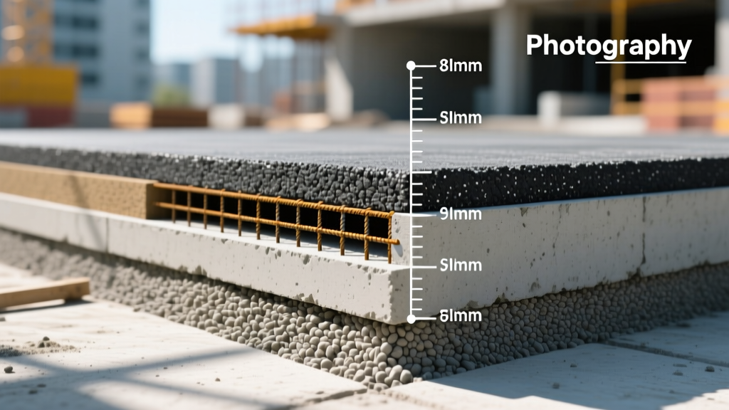 Cross-section diagram of concrete and asphalt paving showing base layers, rebar, and thickness measurements in bright daylight