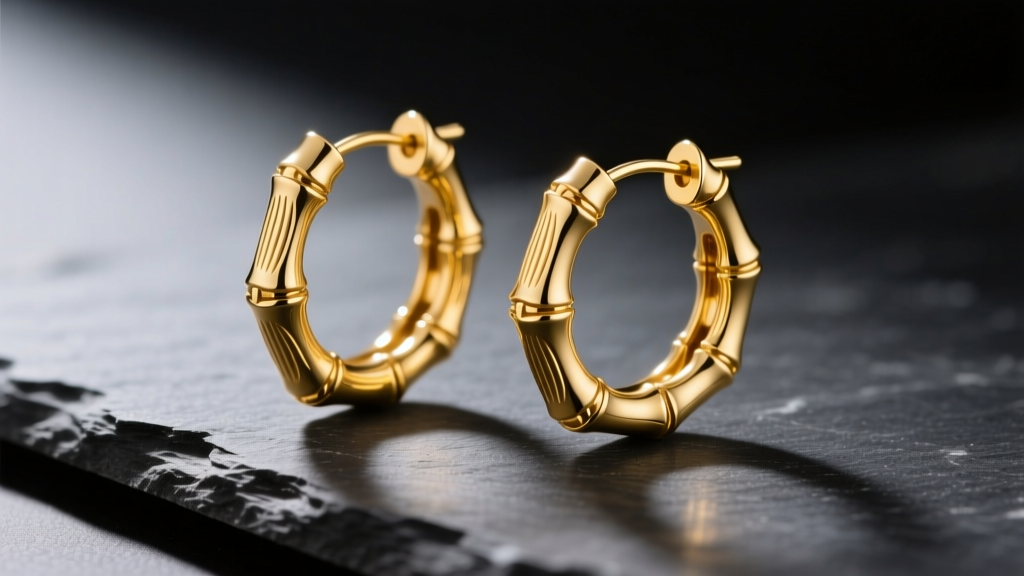 Close-up of 14k yellow gold bamboo hoop earrings on dark slate, highlighting engraved node textures under warm studio lighting.