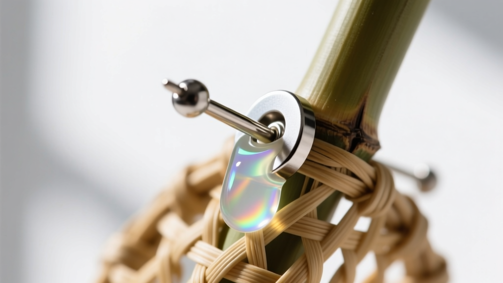 Macro shot of an 18-gauge titanium earring post being secured into a woven bamboo straw earring base using UV resin adhesive.