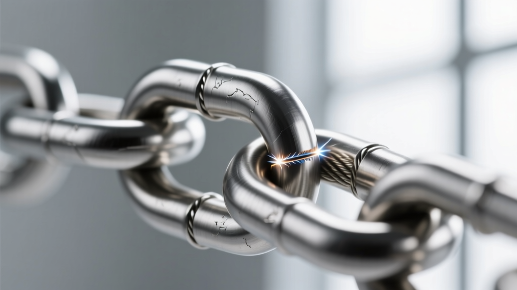 Extreme close-up of a 20-gauge titanium rope chain link junction highlighting the laser-welded seam and brushed metal finish
