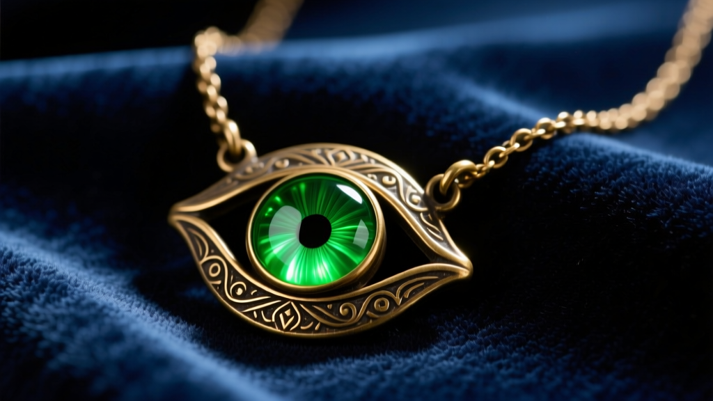 Close-up of an antiqued brass Doctor Strange Eye of Agamotto necklace on dark velvet, highlighting the glowing green resin stone.