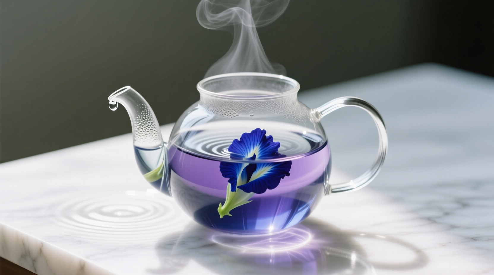 Steeping butterfly pea tea flowers in clear glass teapot